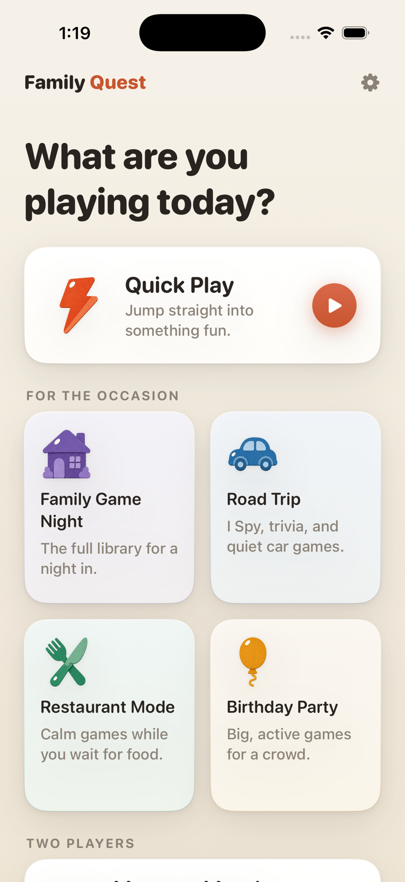 Family Quest home screen showing Quick Play and game modes