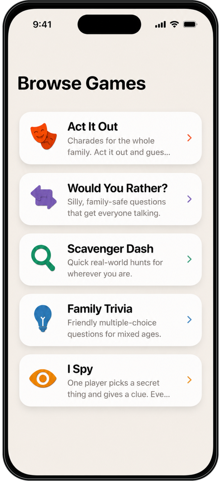 Whileaway browse screen listing games