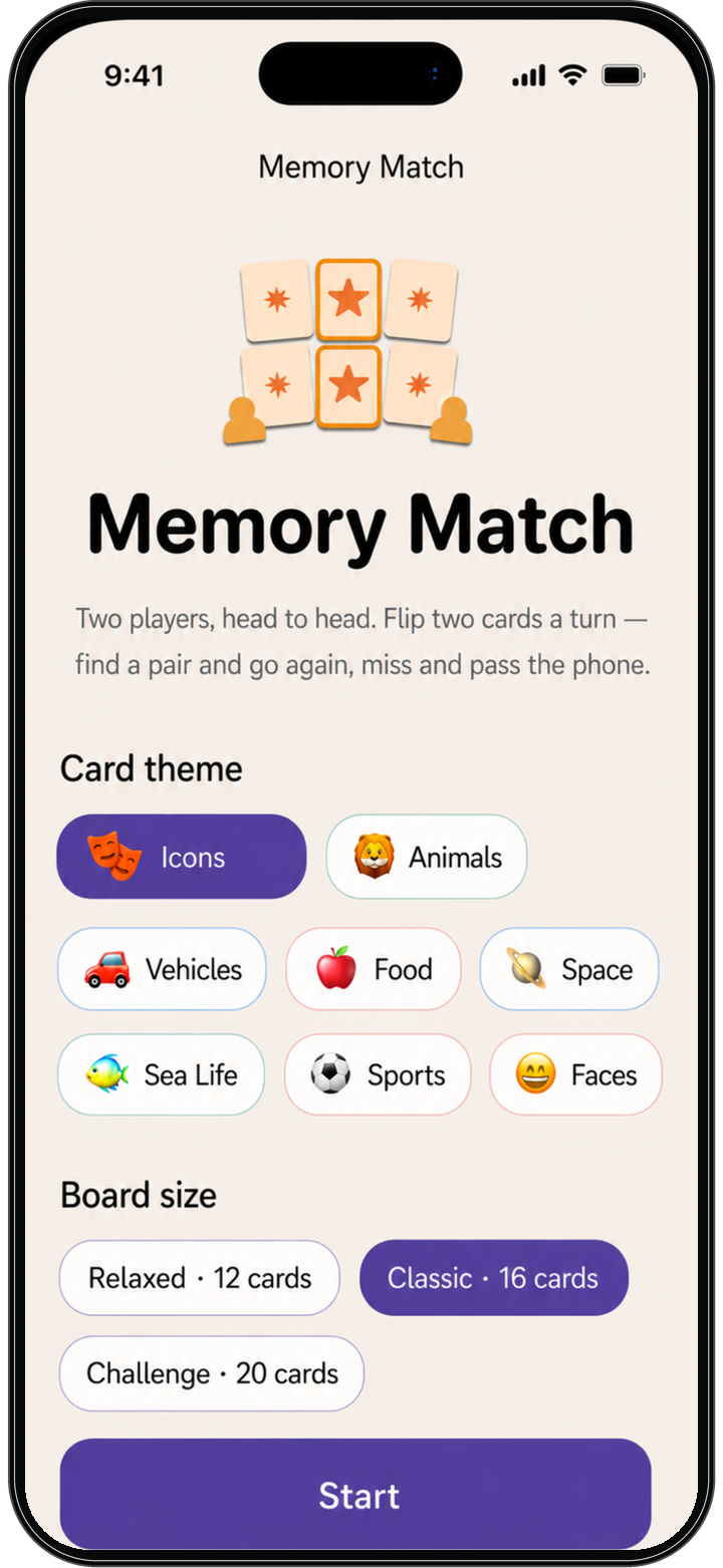 Whileaway Memory Match setup screen