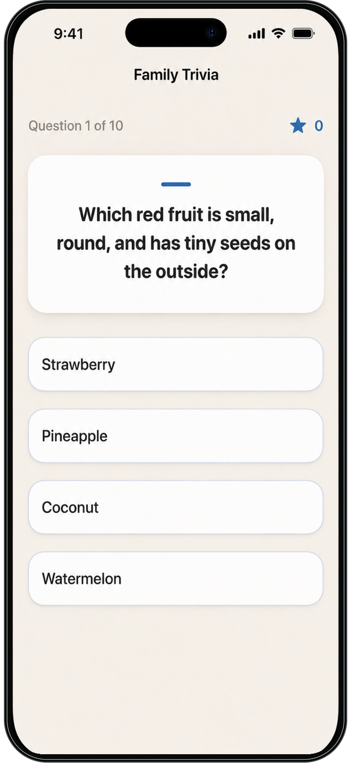 Whileaway trivia game screen on iPhone
