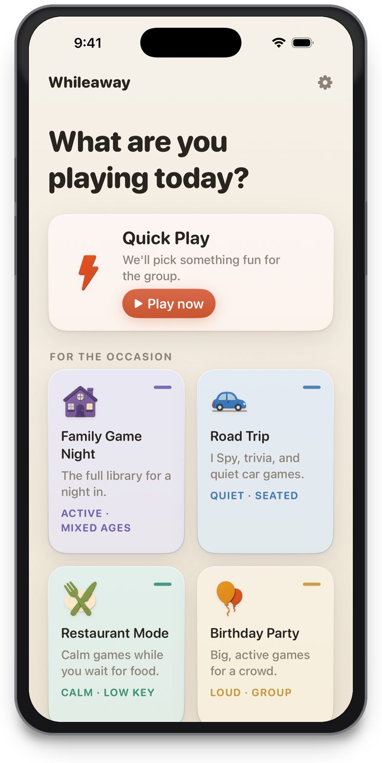Whileaway: Family Games home screen on iPhone